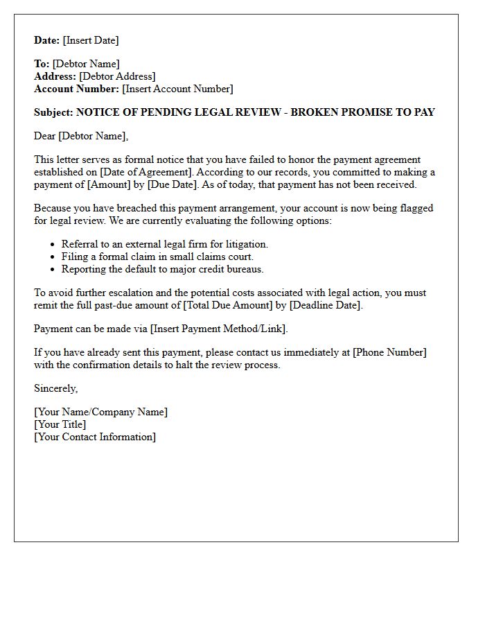 Letter of Notice Regarding Legal Review for Broken Payment Promise