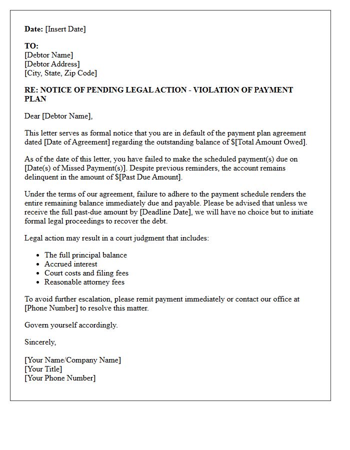 Notice Letter of Pending Legal Action for Violated Payment Plan