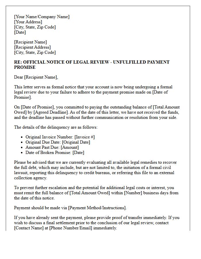 Official Letter of Legal Review Following Unfulfilled Payment Promise