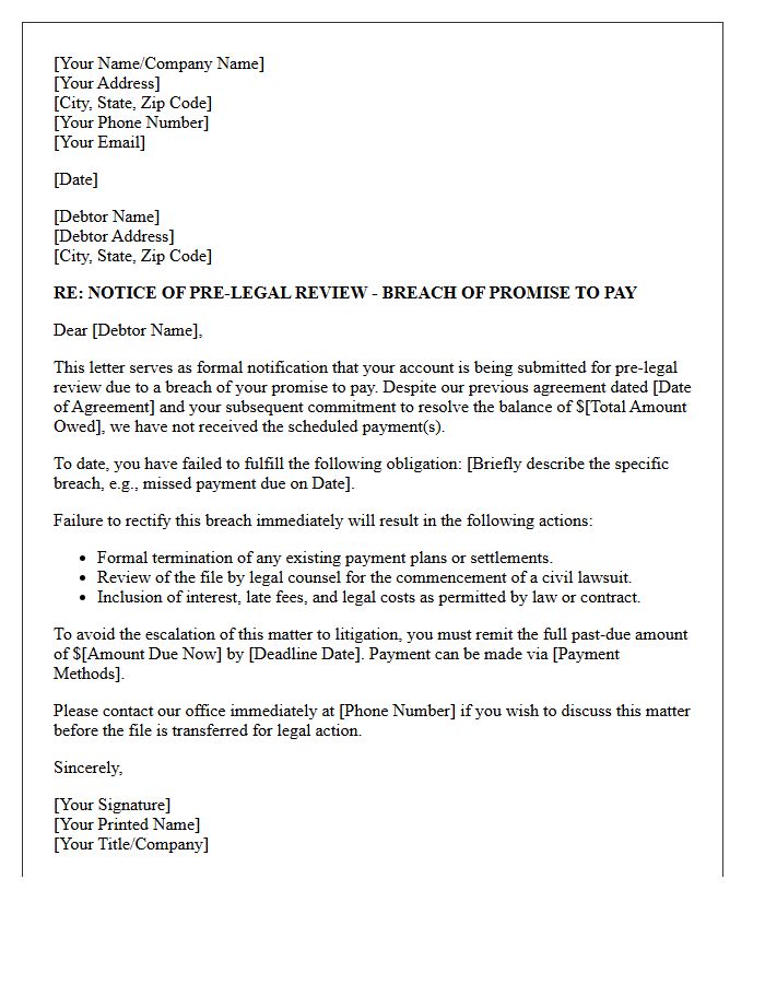 Pre-Legal Review Letter for Breach of Promise to Pay