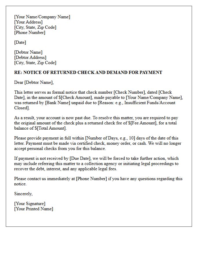Bank Returned Check Debt Recovery Demand Letter