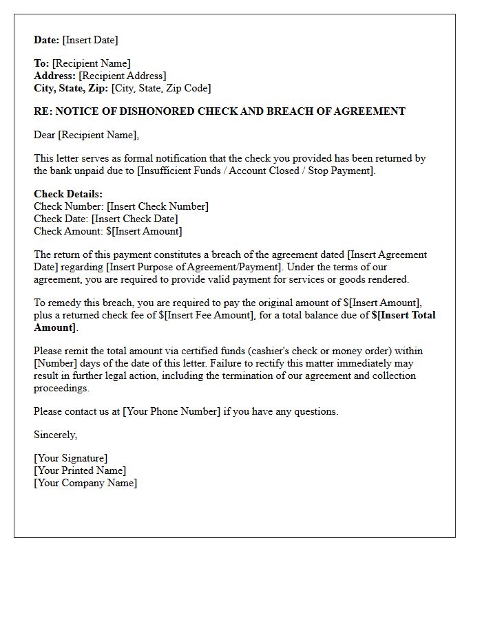Breach of Agreement Returned Check Notification Letter