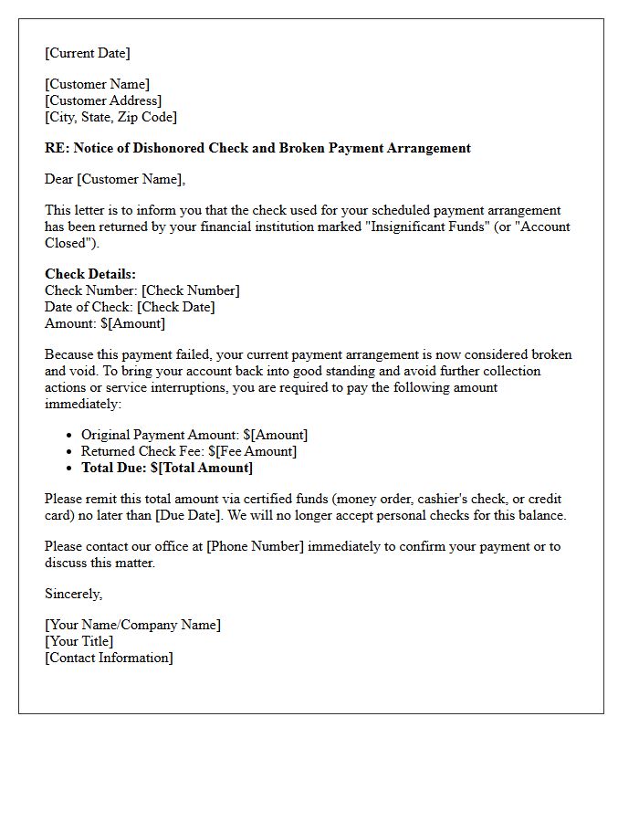 Broken Payment Arrangement Bounced Check Letter