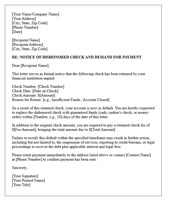 Defaulted Obligation Dishonored Check Warning Letter