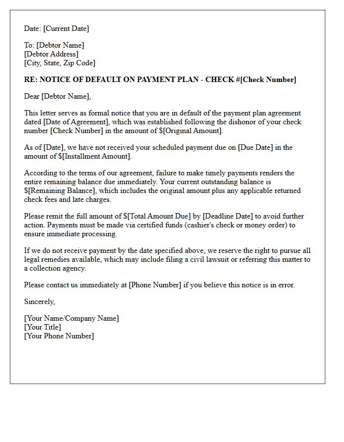 Dishonored Check Payment Plan Default Letter