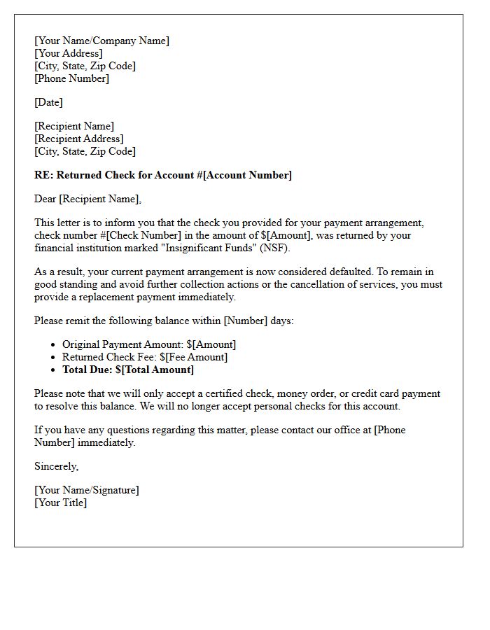 Failed Payment Arrangement Returned Check Letter