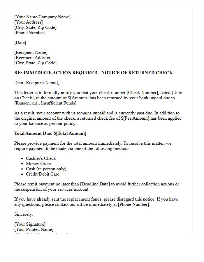 Immediate Action Required Returned Check Letter