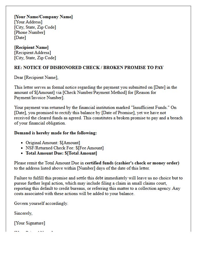 Insufficient Funds Broken Promise Demand Letter