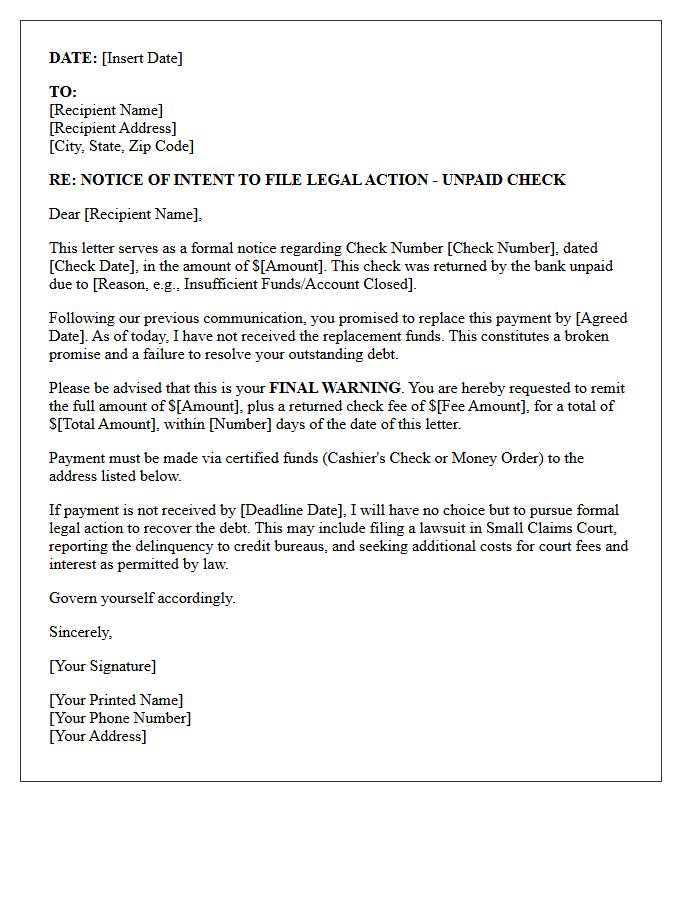 Legal Action Warning Broken Promise Check Letter