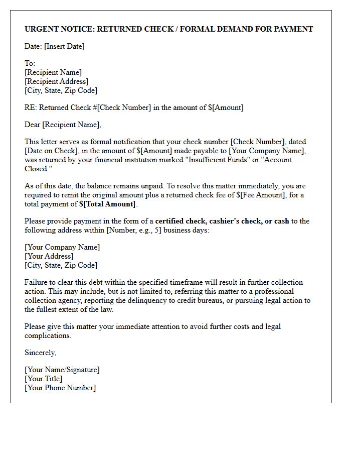 Urgent Debt Collection Returned Check Warning Letter