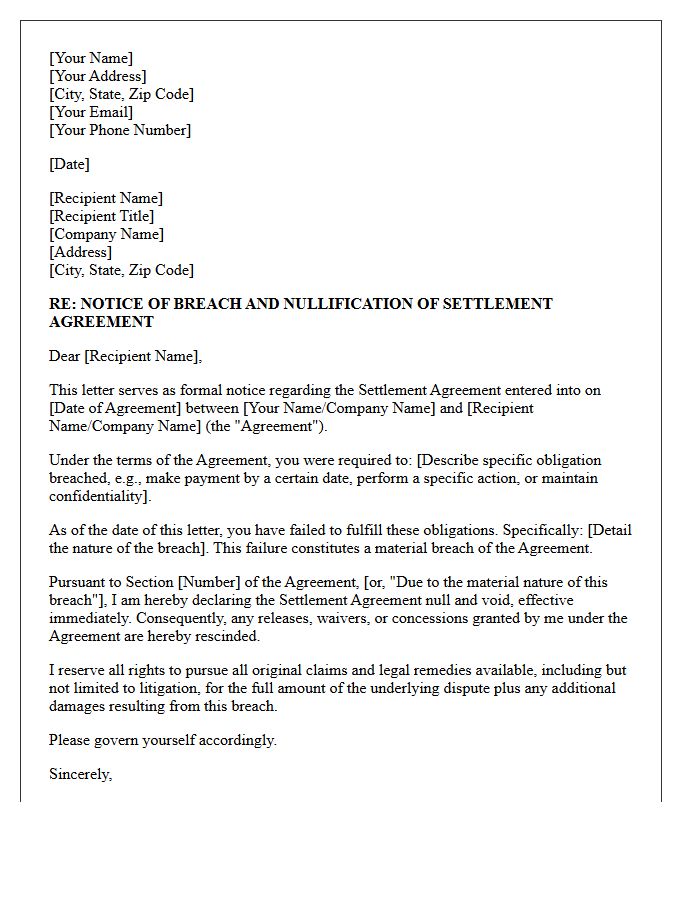 Breach of Settlement Agreement Nullification Letter