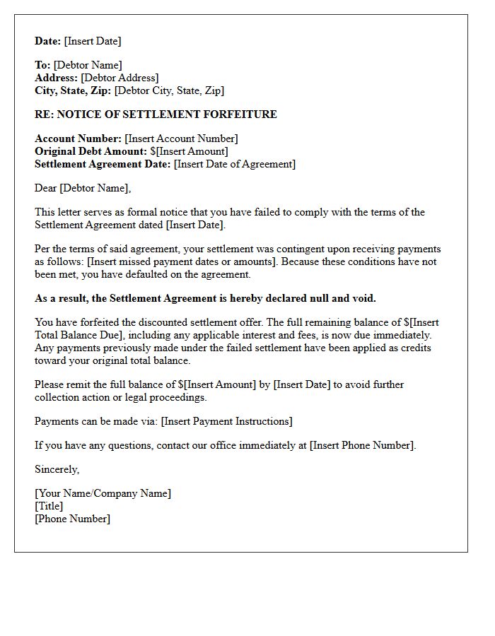 Debt Collection Settlement Forfeiture Letter