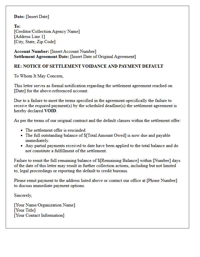 Debt Settlement Voidance and Payment Default Letter