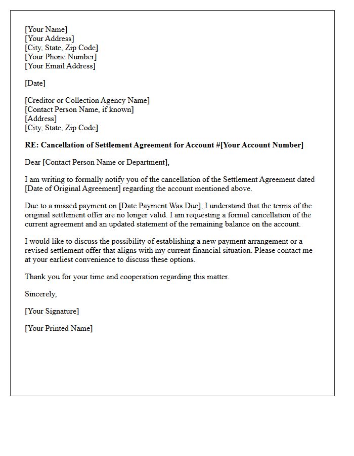 Missed Payment Settlement Agreement Cancellation Letter