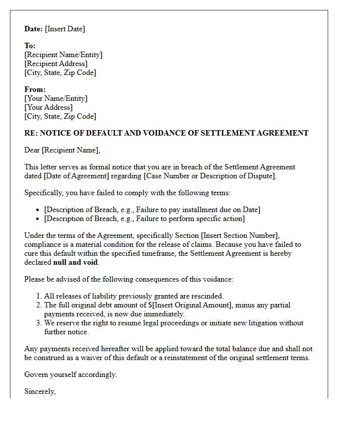 Notice of Broken Settlement Terms and Voidance Letter