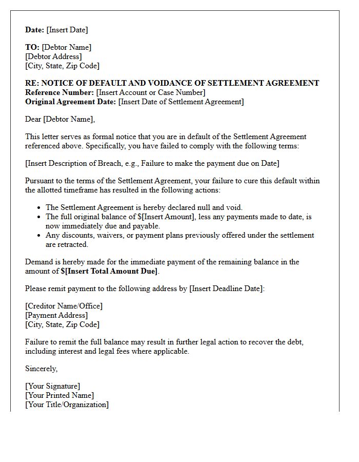 Notice of Default and Settlement Voidance Letter