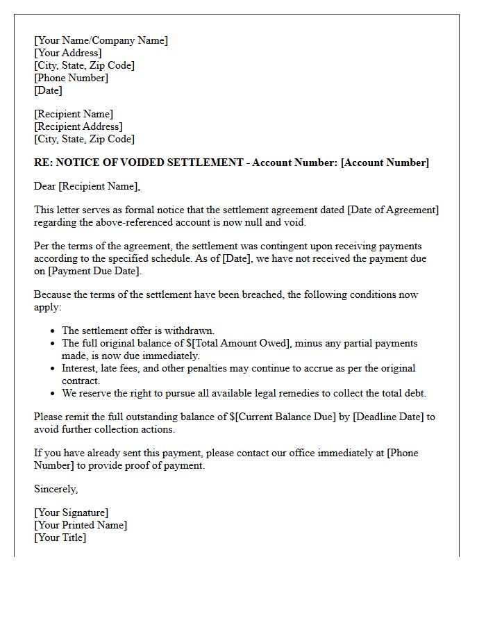 Notice of Voided Settlement Due to Missed Payment Letter