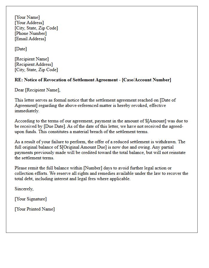 Settlement Revocation Due to Non-Payment Letter