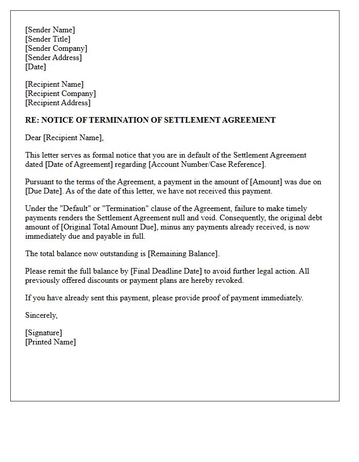 Termination of Settlement Agreement Due to Missed Payment Letter