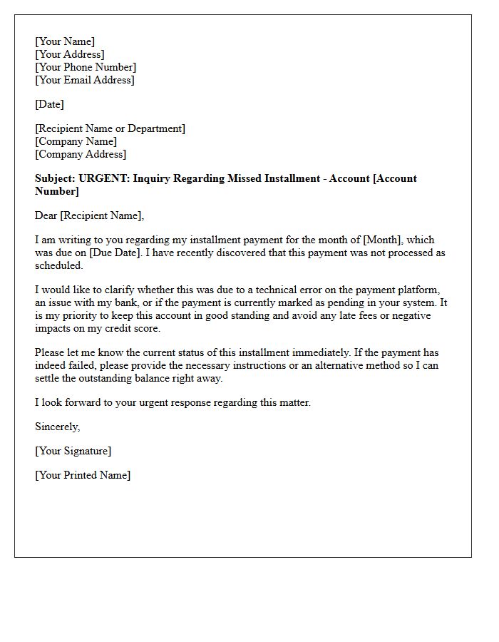 Missed Installment Urgent Inquiry Letter