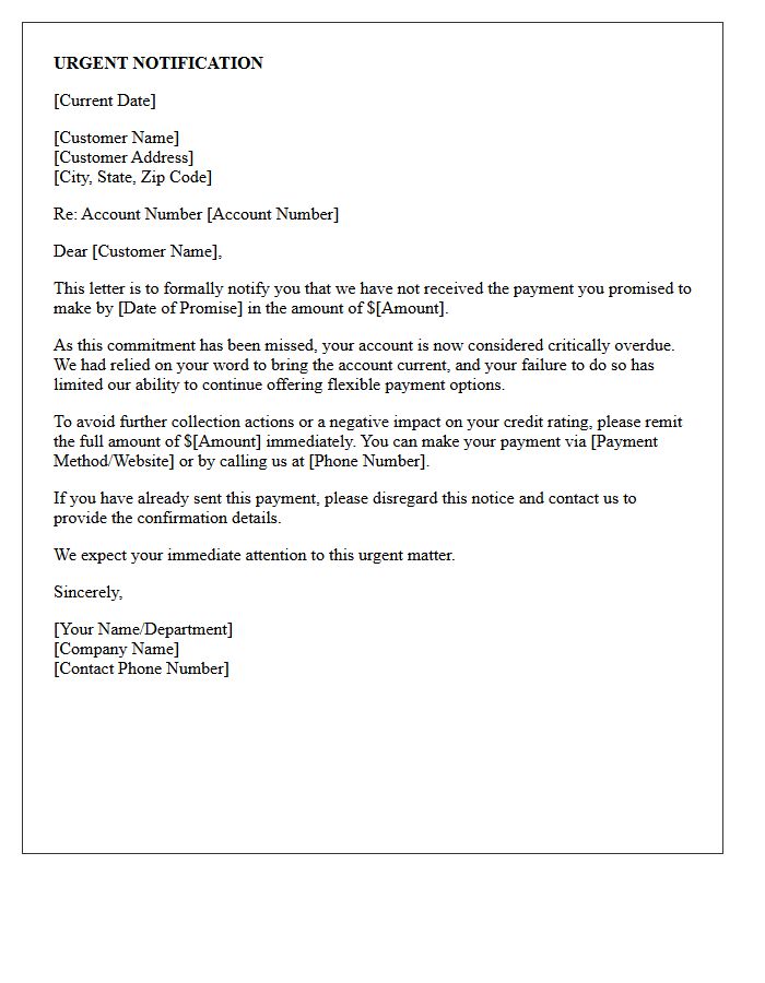 Missed Promised Payment Urgent Notification Letter