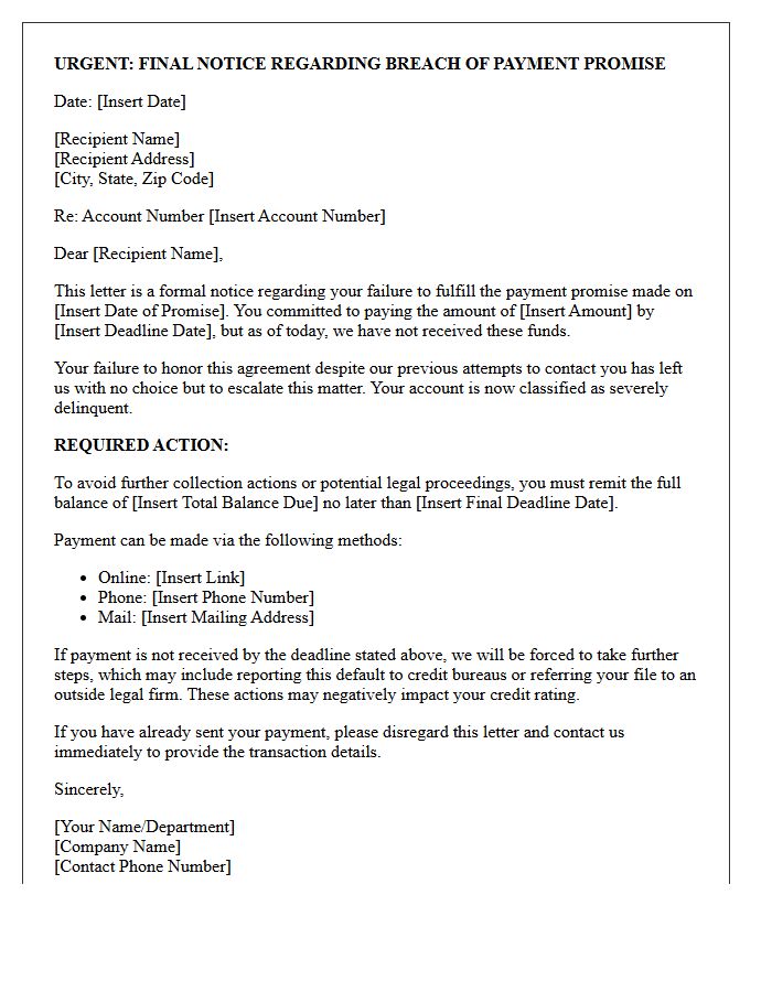 Urgent Debt Collection Letter for Ignored Payment Promise