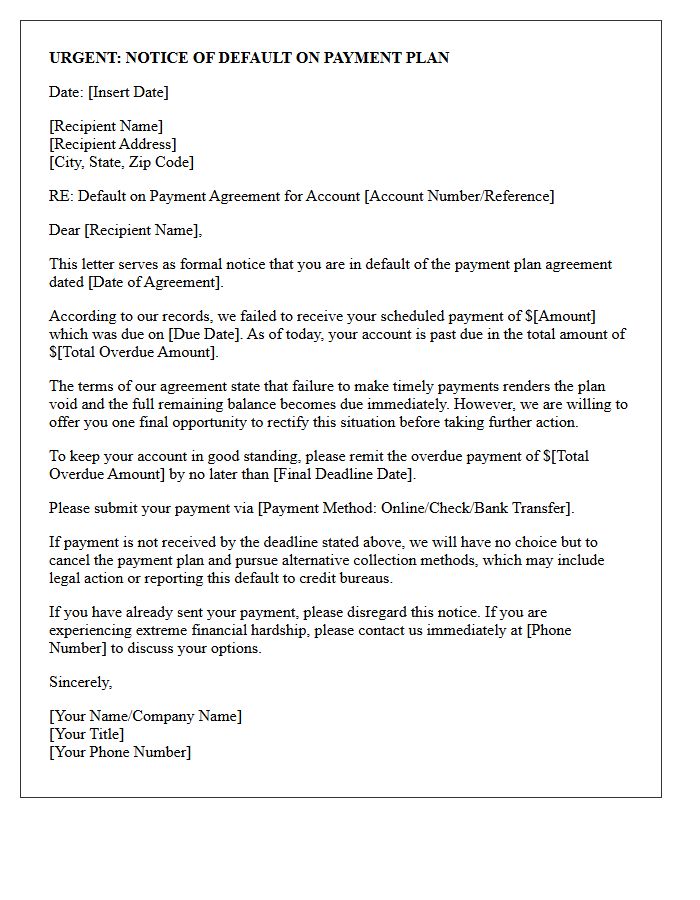 Urgent Default Letter on Promised Payment Plan
