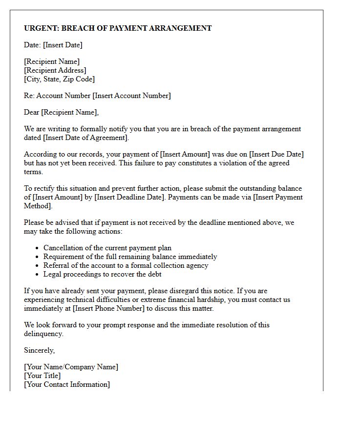 Urgent Response Letter for Breach of Payment Arrangement