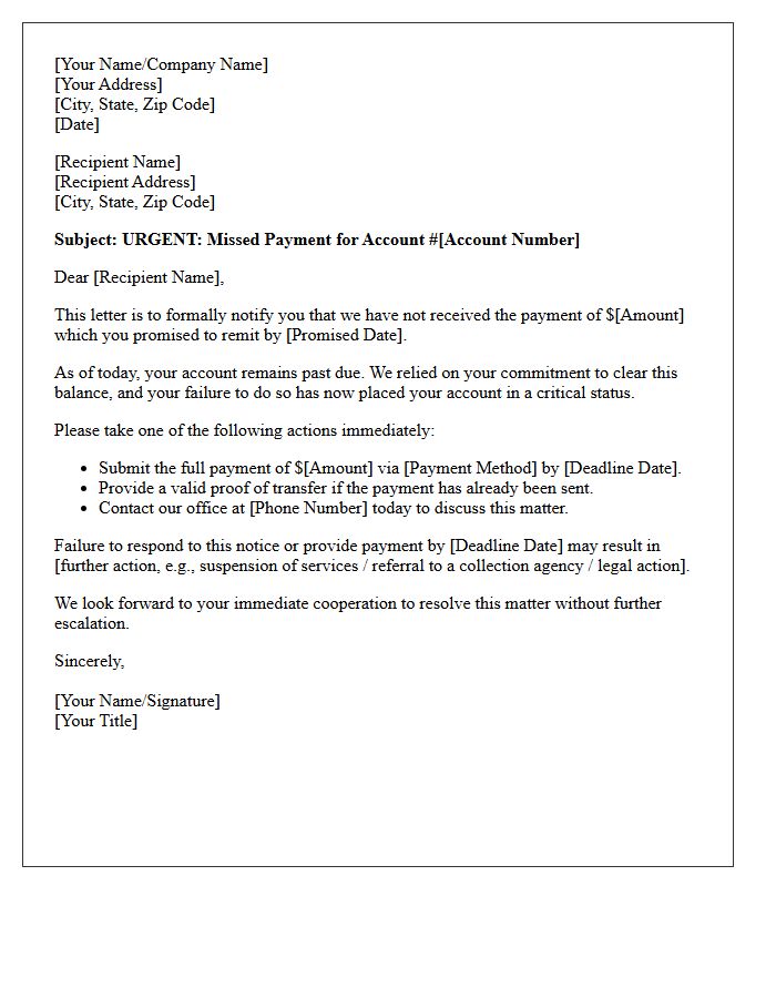 Urgent Response Required Letter for Missed Promised Payment