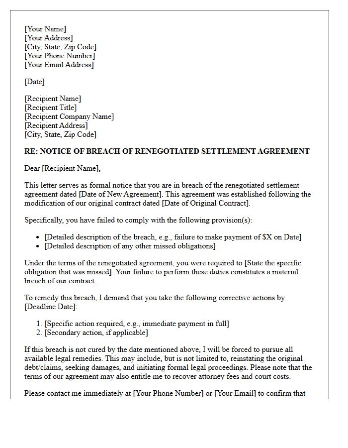 Breach of Renegotiated Settlement Agreement Letter