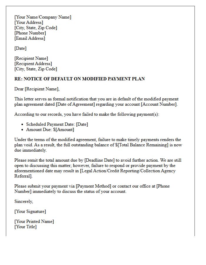 Default on Modified Payment Plan Notification Letter