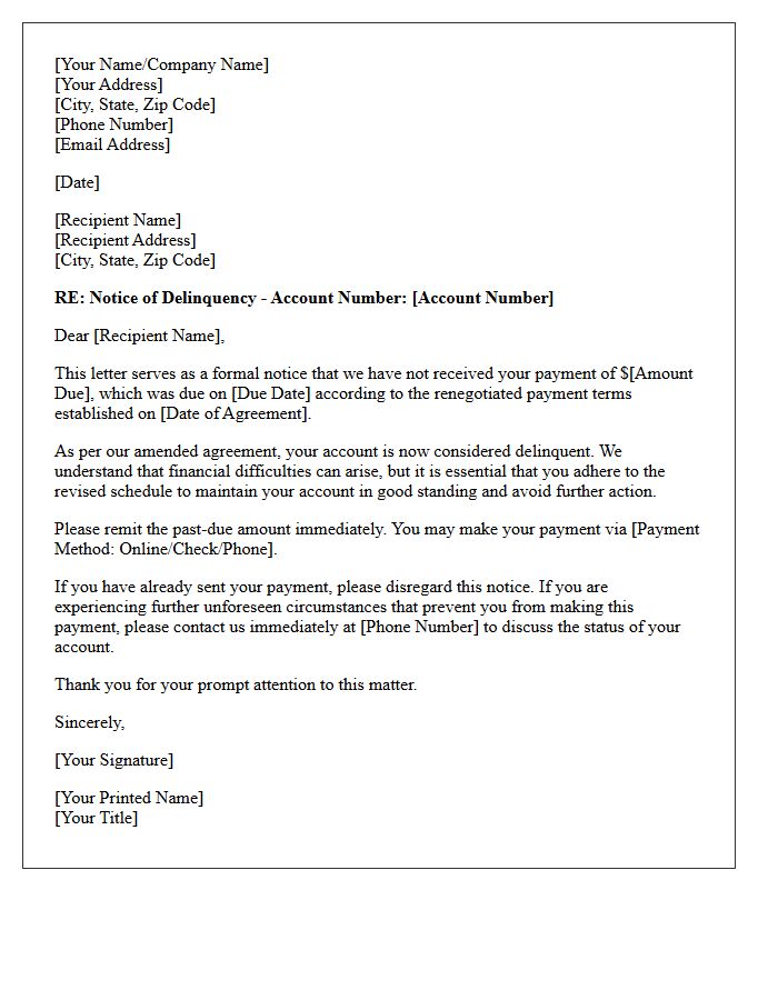 First Notice of Delinquency on Renegotiated Terms Letter