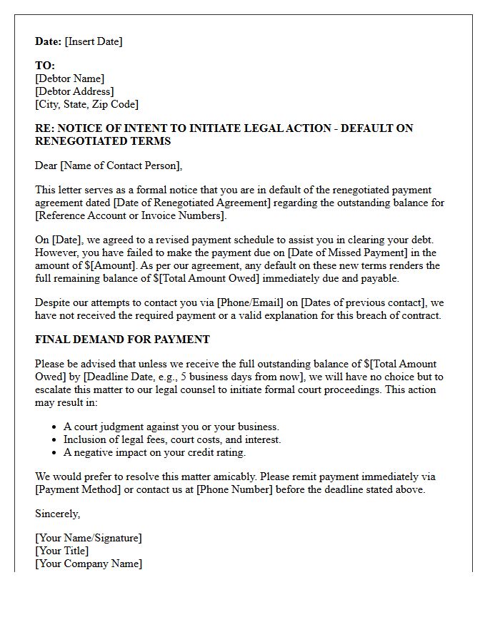 Legal Action Warning Letter for Renegotiated Terms Default
