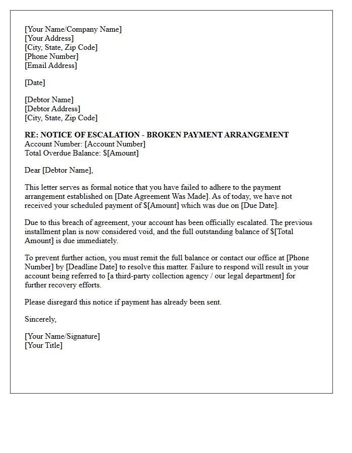 Notice of Escalation Letter for Broken Payment Arrangement