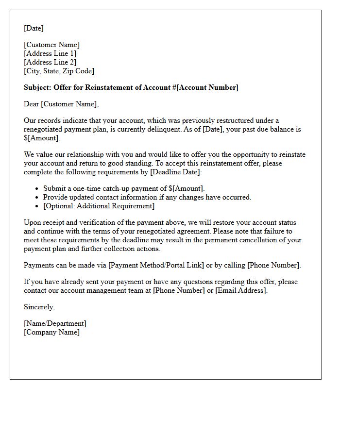 Reinstatement Offer Letter for Delinquent Renegotiated Account