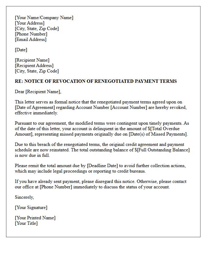 Revocation of Renegotiated Terms Due to Delinquency Letter