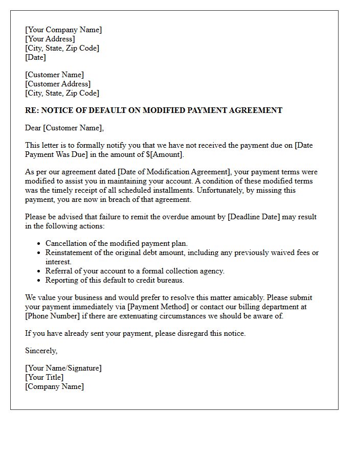Warning Letter Regarding Missed Payment on Modified Terms