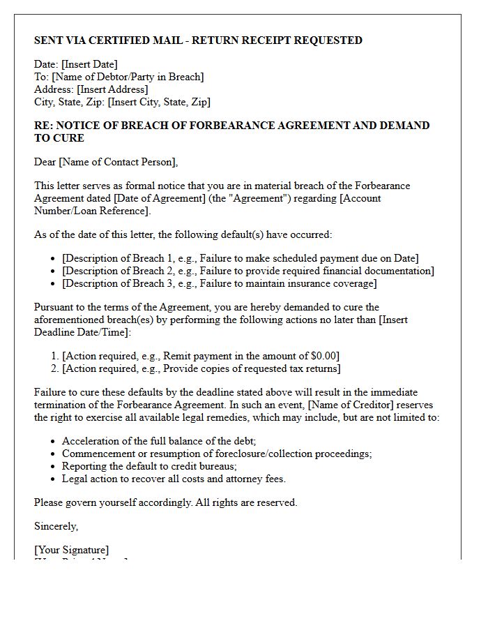 Demand to Cure Forbearance Agreement Breach Letter