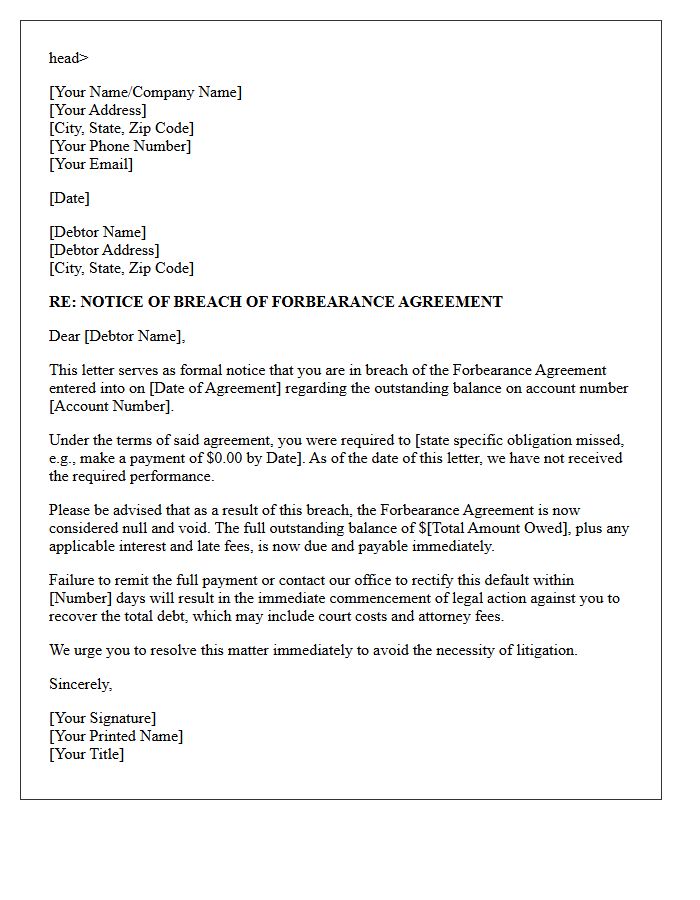 Pre-Legal Action Forbearance Breach Letter