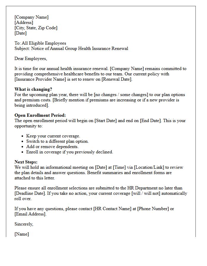 Employer Group Health Insurance Renewal Letter