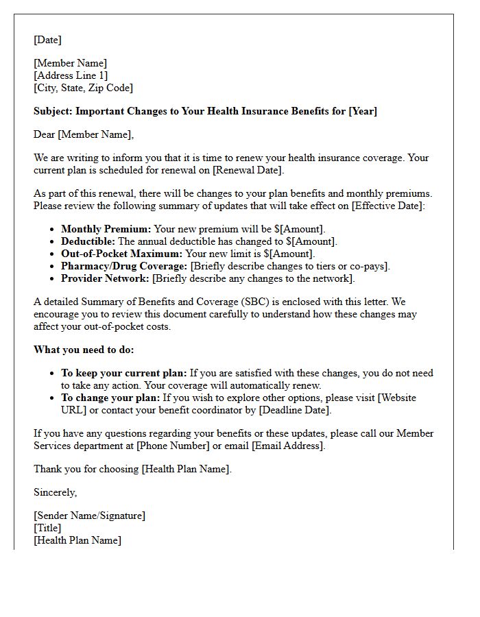 Health Plan Benefit Changes Renewal Letter