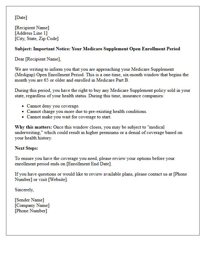 Medicare Supplement Open Enrollment Notification Letter
