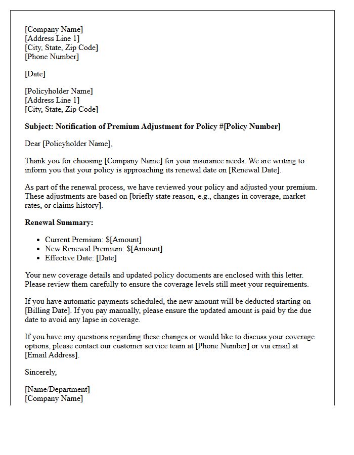 Premium Adjustment Renewal Notification Letter