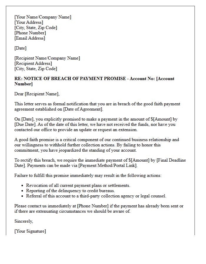 Breach Of Good Faith Payment Promise Notification Letter