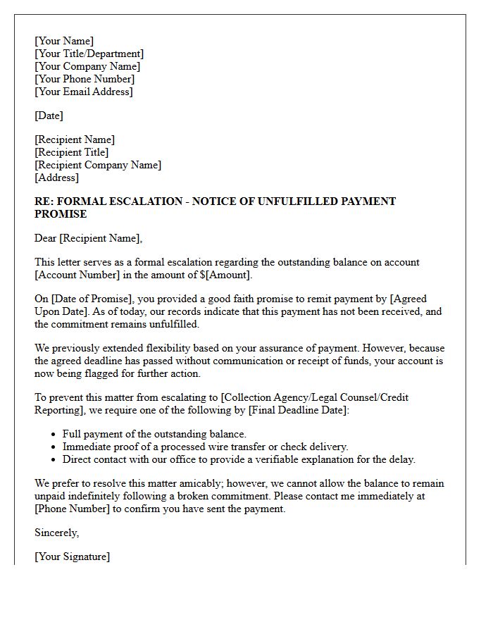 Escalation Letter For Unfulfilled Good Faith Payment Promise
