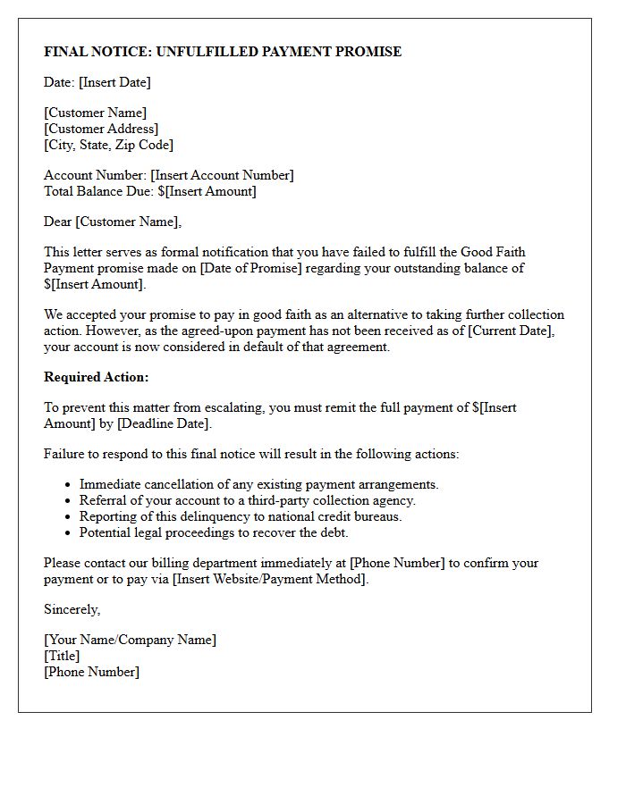 Final Notice Letter For Unfulfilled Good Faith Payment Promise
