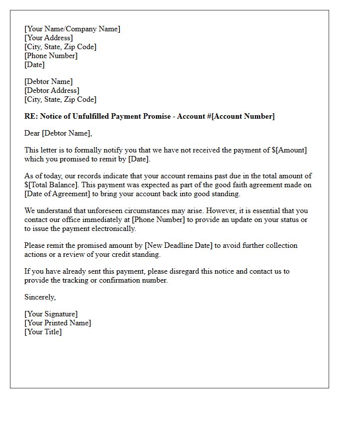 First Notice Of Unfulfilled Good Faith Payment Promise Letter