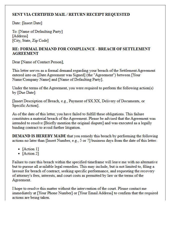 Breach Of Settlement Promise Pre-Litigation Demand Letter
