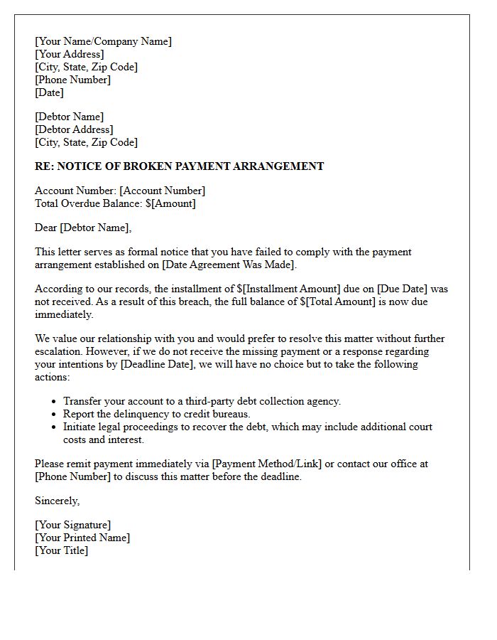 Debt Collection Warning Letter For Broken Payment Arrangement