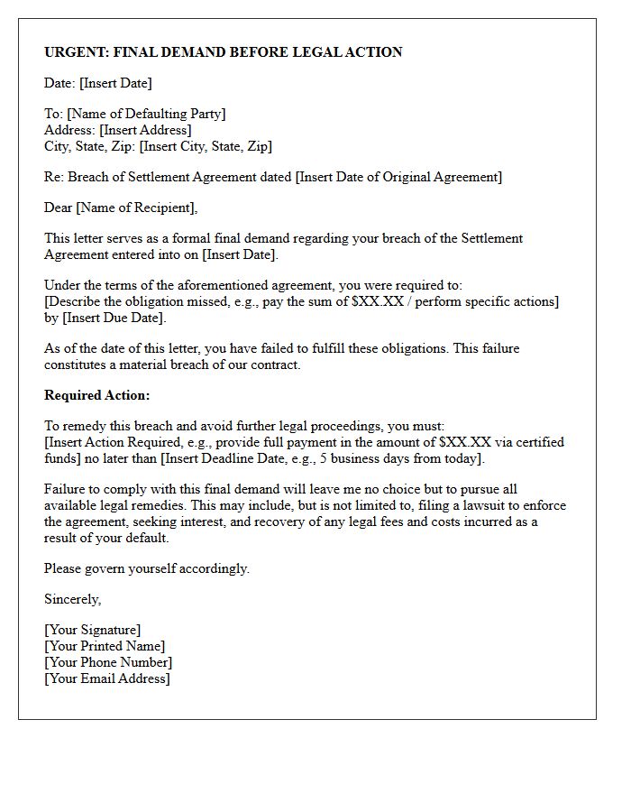 Final Demand Letter For Breach Of Settlement Agreement